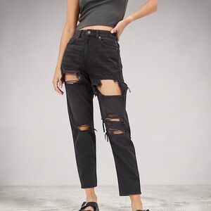 AE (10) Mom Jean Destroyed Black Comfort Stretch Waistband High Rise NWT